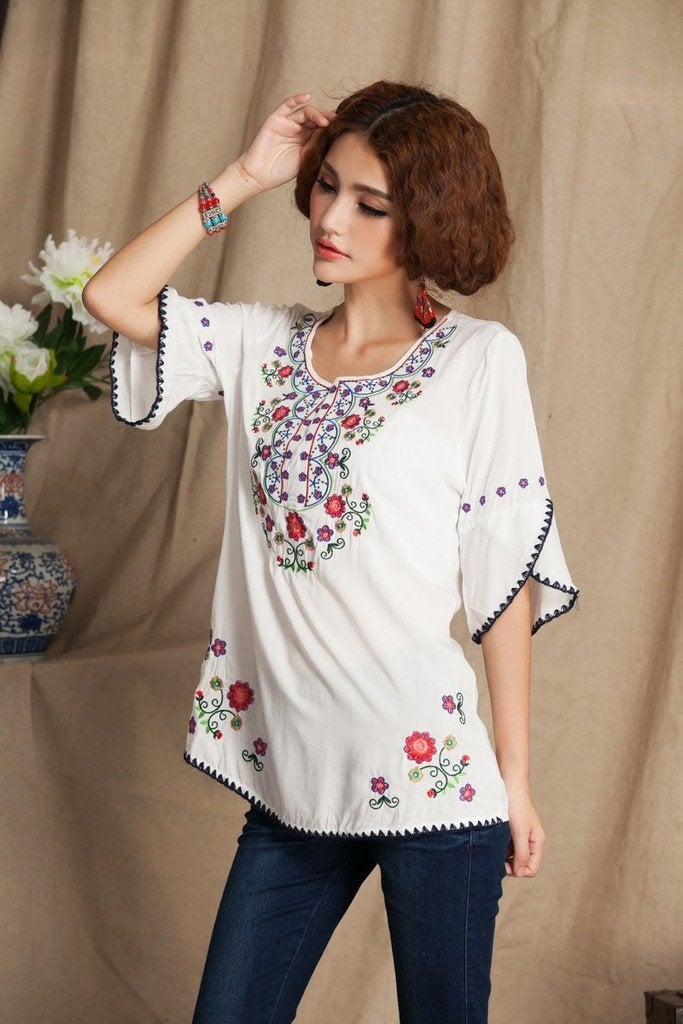 Ashir Aley Bell Sleeve Womens Boho Tops 3/4 Sleeve Embroidered Cotton Peasant Tops Mexican Bohemian Shirts Blouses (M,White) - Image 4